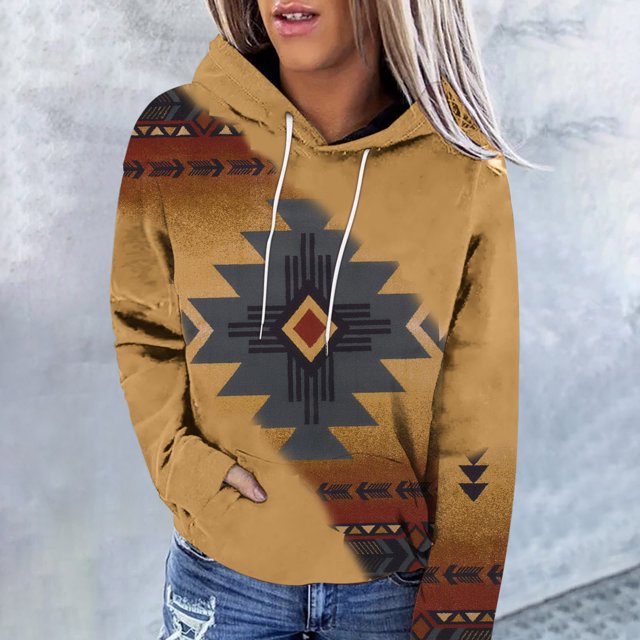 Meichang Womens Aztec Hoodie 2023 Western Ethnic Style Sweatshirts Long