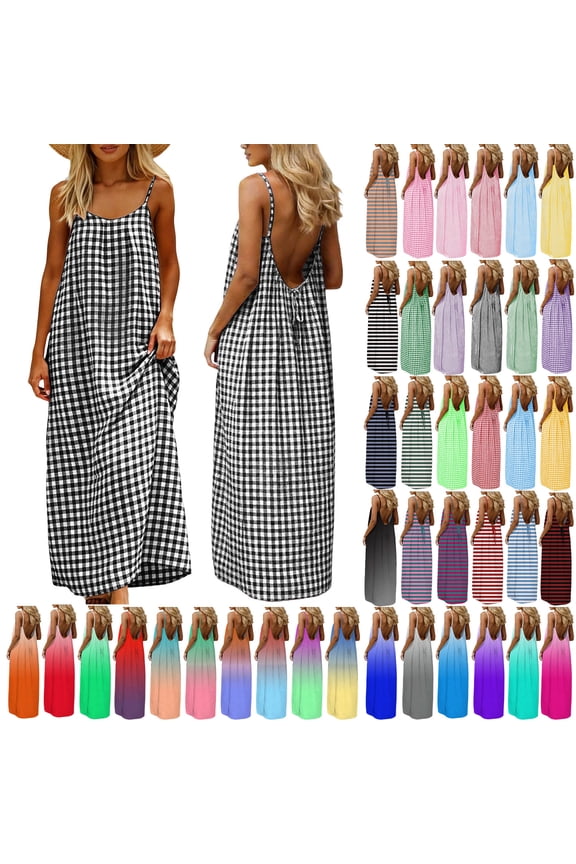 Womens Backless Cami Dress Summer Plaid Sundresses Casual Cotton Linen Sleeveless Spaghetti Strap Maxi Dresses Beach Vacation Loose Fit Long Sun Dress with Back Tie