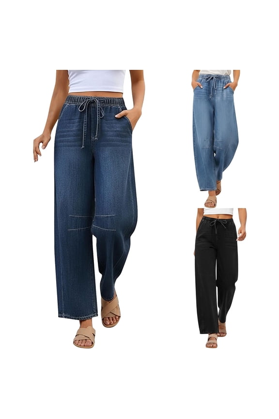 Womens Baggy Straight Leg Jeans Drawstring Elastic Waist Pull on Denim Pants Summer Casual Streetwear Loose Fit Wide Leg Jeans with Pockets