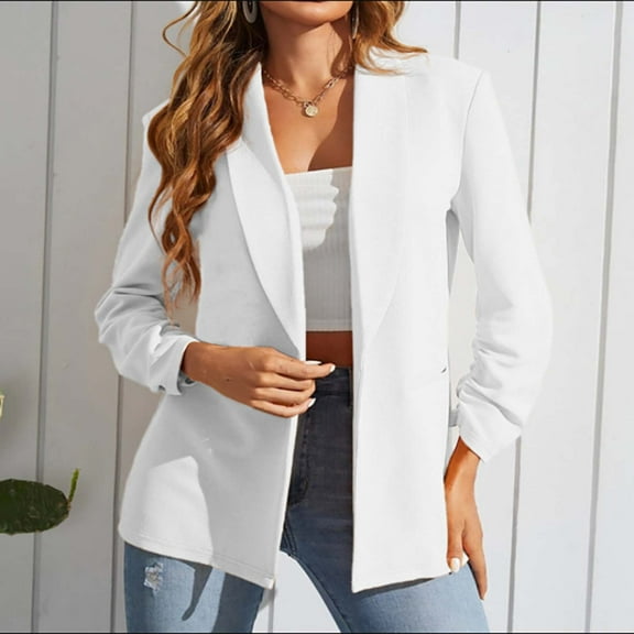 Meichang Womens Blazer for Work 2023 Long Stretchy Sleeves Blazer Jacket Dressy Lapel Open Front Cardigan Solid Office Outfit