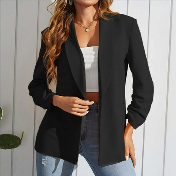 Meichang Womens Blazer for Work 2023 Long Stretchy Sleeves Blazer Jacket Dressy Lapel Open Front Cardigan Solid Office Outfit