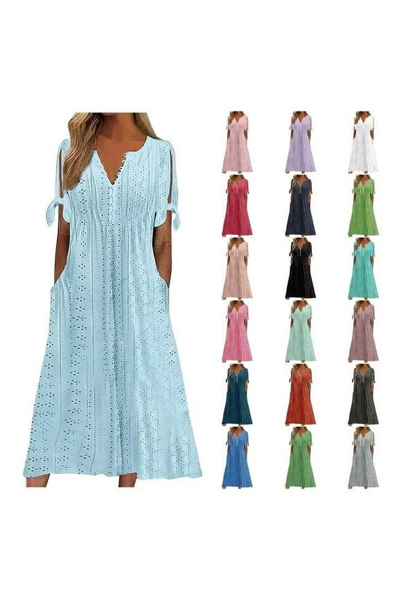 Womens Boho Eyelet Pastel Dresses Button V Neck Tie Knot Short Sleeve Flowy Beach Vacation Midi Dresses Casual Work Dresses with Pockets Purple XL