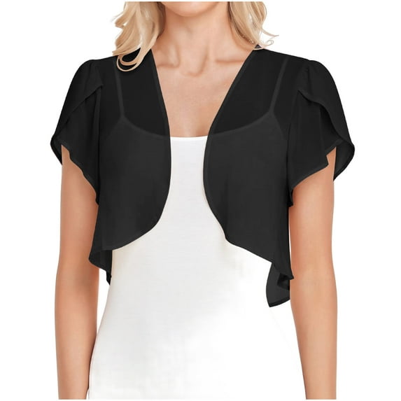 Meichang Womens Bolero Shrugs for Summer Dress Petal Short Sleeve Cropped Open Front Sheer Shawl Lightweight Chiffon Cardigans Tops Black M