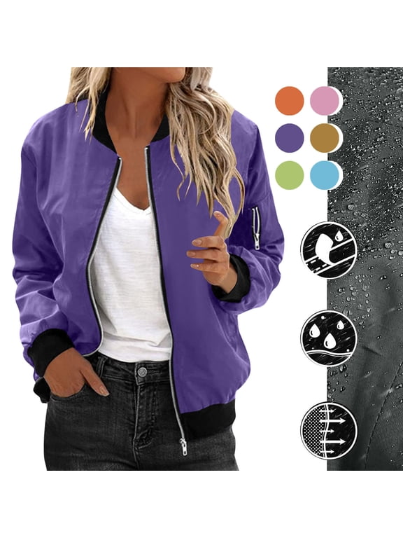 Womens Bomber Jacket Zip Up Long Sleeve Lightweight Jacket Coat Casual Fall Waterproof and Windproof Lined Jackets Outerwear with Zipper Pocket
