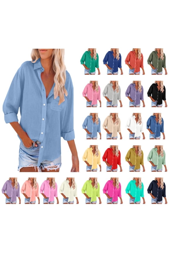 Womens Button Down Shirts Cotton Linen Dress Shirts Long Sleeve Loose Fit Work Blouses Collared Tops Tunics with Pocket