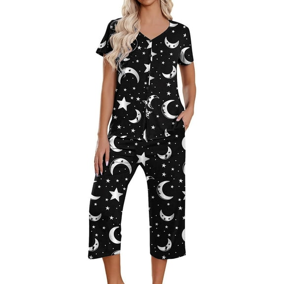 Meichang Womens Capri Pajama Sets V Neck Short Sleeve Button Down Shirts and Capri Pants Star and Moon Print 2 Piece Loungewear Loose Fit Pajama Sets with Pockets