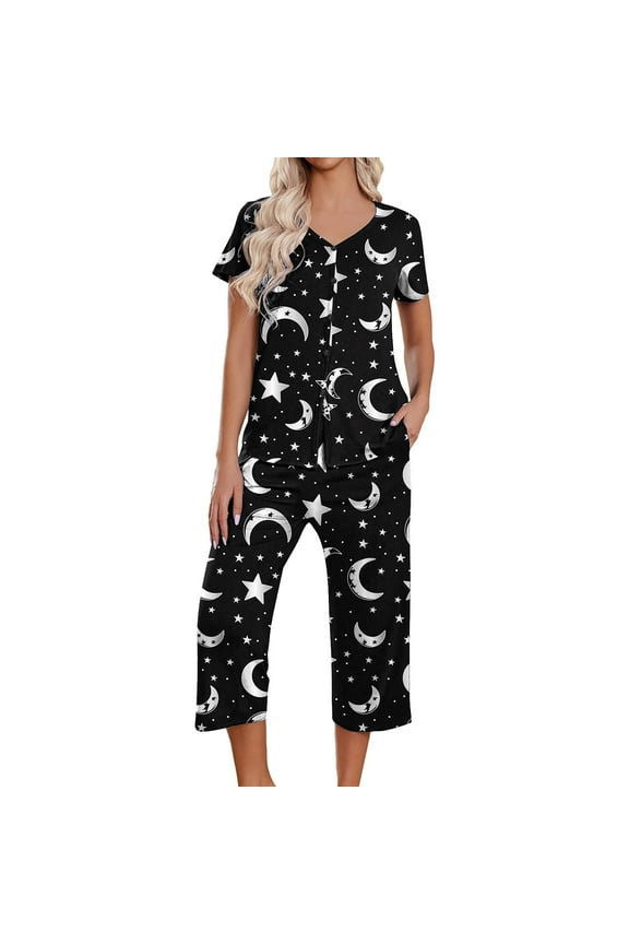 Womens Capri Pajama Sets V Neck Short Sleeve Button Down Shirts and Capri Pants Star and Moon Print 2 Piece Loungewear Loose Fit Pajama Sets with Pockets