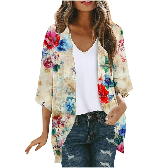Meichang Womens Cardigans Lightweight Light Weight Open Front Chiffon Cardigan Floral Kimonos 3/4 Sleeve Loose Fit Boho Cover Up Blouse Top