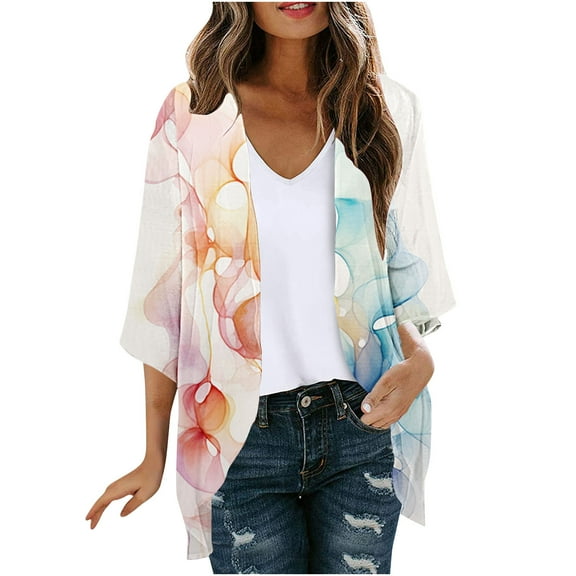 Meichang Womens Cardigans Lightweight Puff Sleeve Floral Print Kimono Cardigan Open Front Chiffon Cardigans Loose Beach Cover Up