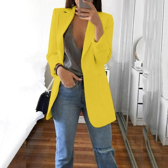 Meichang Womens Casual Blazers Jackets Solid Color Long Sleeve Open Front Work Office Blazers Slim Fit Lapel Jackets with Pockets Cardigans Plus Size Yellow L