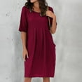 thumbnail image 1 of Meichang Womens Casual Dresses Plus Size Solid Scoop Neck Short Sleeve Knee Length Dresses Pleated Waisted Midi Dresses Loose Fit Pockets Cotton Linen Dresses for Women Wine XXL, 1 of 6