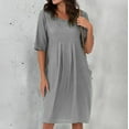 thumbnail image 1 of Meichang Womens Casual Dresses Plus Size Solid Scoop Neck Short Sleeve Knee Length Dresses Pleated Waisted Midi Dresses Loose Fit Pockets Cotton Linen Dresses for Women Gray XXXXL, 1 of 6
