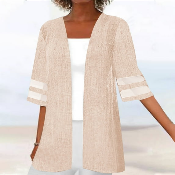 Meichang Womens Casual Lightweight Cardigans 3/4 Sleeve Mesh Patchwork Kimono Cardigans Sheer Resort Wear Cover Up Tops Plus Size Loose Summer Cardigan for Women