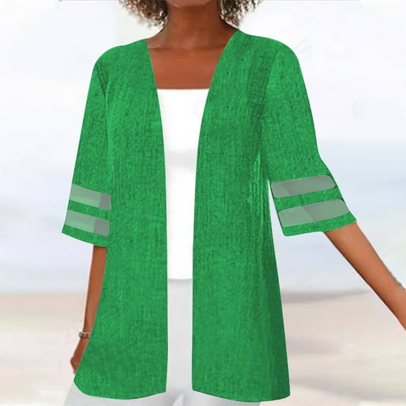 Meichang Womens Casual Lightweight Cardigans 3/4 Sleeve Mesh Patchwork Kimono Cardigans Sheer Resort Wear Cover Up Tops Plus Size Loose Summer Cardigan for Women