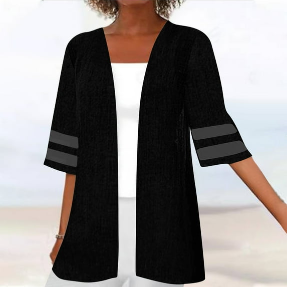 Meichang Womens Casual Lightweight Cardigans 3/4 Sleeve Mesh Patchwork Kimono Cardigans Sheer Resort Wear Cover Up Tops Plus Size Loose Summer Cardigan for Women