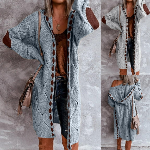 Meichang Womens Casual Long Sleeve Open Front Cardigan Trendy Patchwork Warm Hooded Outwear Coat Cable Knit Long Cardigan Sweaters with Pockets