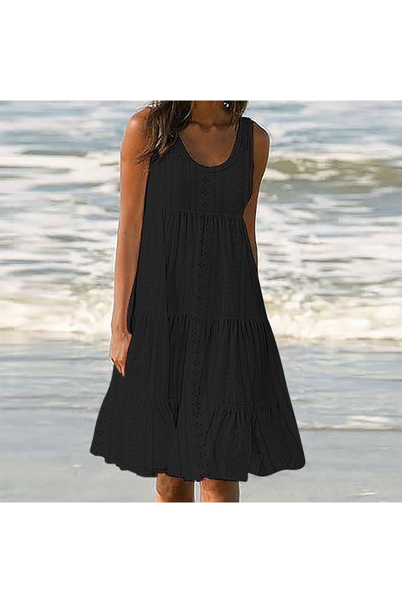 Womens Casual Sleeveless Mini Dresses Eyelet Embroidery Tiered Dresses Solid Scoop Neck Hollow Out Tank Dresses Flowy Swing Beach Dresses Black XL
