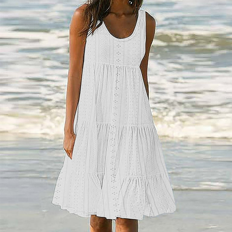 Meichang Womens Casual Sleeveless Mini Dresses Eyelet Embroidery