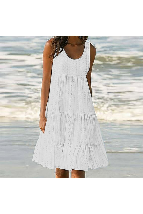 Womens Casual Sleeveless Mini Dresses Eyelet Embroidery Tiered Dresses Solid Scoop Neck Hollow Out Tank Dresses Flowy Swing Beach Dresses White XL