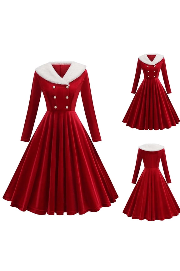 Womens Christmas Dresses Long Sleeve Faux Fur Trim V Neck Buttons Velvet Dress Formal Wedding Evening Party Midi Dress Pleated A Line Mermaid Cocktail Dress
