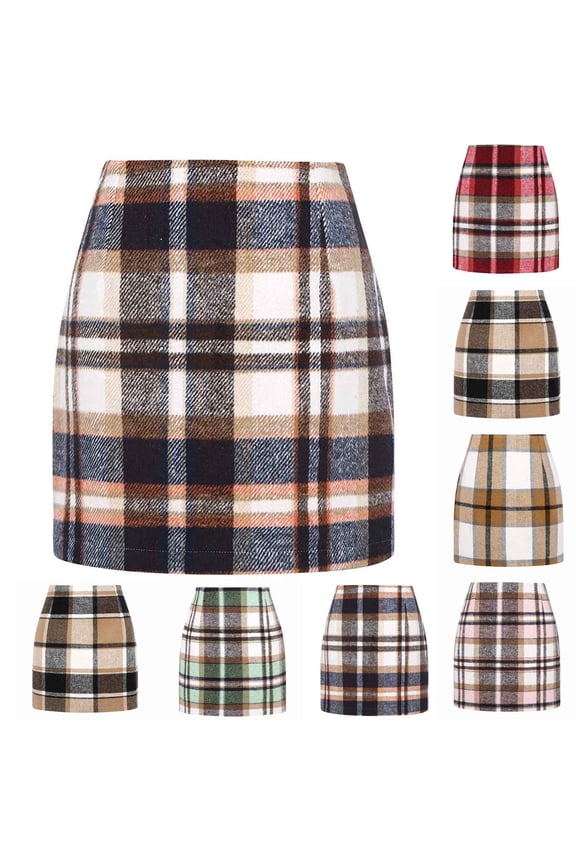 Womens Christmas Plaid Pencil Skirt High Waisted Bodycon Mini Skirt Vintage Tartan Holiday Party Elegant Wool Skirt