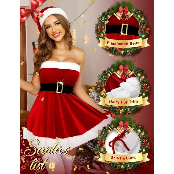 Womens Claus Santa Christmas Costume Dress Sleeveless Strapless Xmas Mini Dress Holiday Party Dress