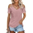 thumbnail image 1 of Meichang Womens Cold Shoulder Tops Summer Short Sleeve V Neck Tees Eyelet Embroidery Blouses Casual Loose Fitting Solid Color Tunic Tops Pink XL, 1 of 6