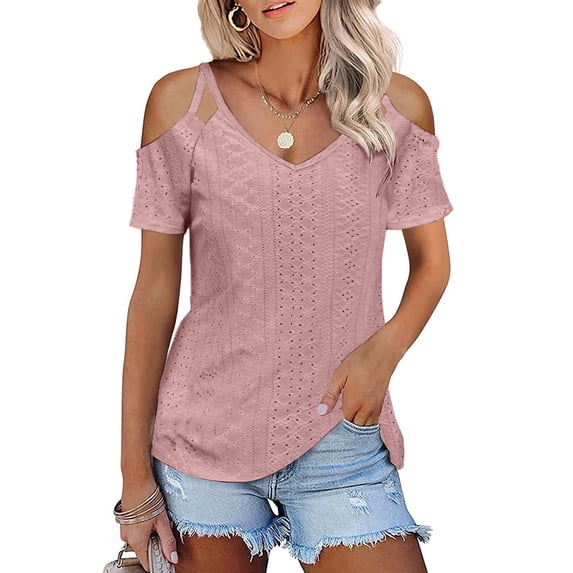 Meichang Womens Cold Shoulder Tops Summer Short Sleeve V Neck Tees Eyelet Embroidery Blouses Casual Loose Fitting Solid Color Tunic Tops Pink XL