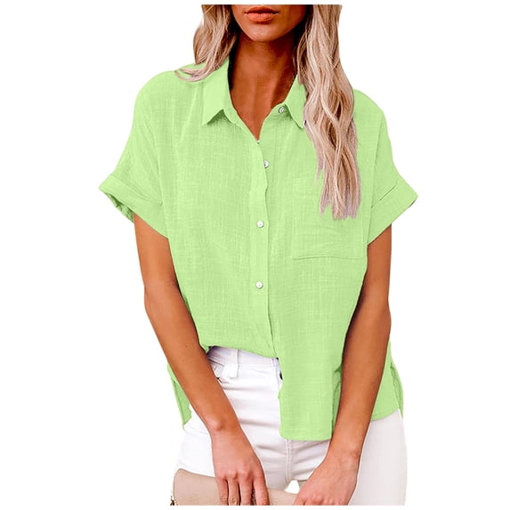 Meichang Womens Cotton Linen Button Down Shirts Short Sleeve Tshirts Collared Tops Plus Size Solid Basic T Shirts with Pocket