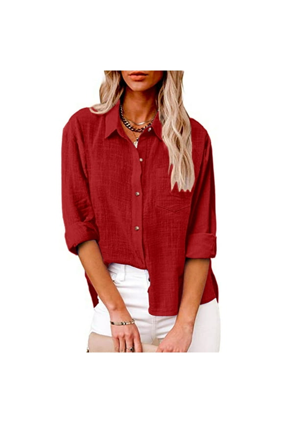 Womens Cotton Linen Button Down Shirts Plus Size Long Sleeve Collar Fall Tops Solid Casual Loose Fit Cotton Linen Blouses with Pocket Red XXXXXL