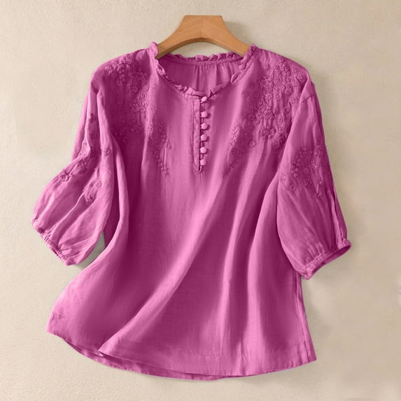Meichang Womens Cotton Linen Embroidered Blouses 3/4 Lantern Sleeve Henley Neck Flowy Tops Floral Embroidered Casual Vintage T Shirts Comfy Summer Tops