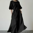 thumbnail image 1 of Meichang Womens Cotton Linen Maxi Dresses Flowy Tie Waisted Tunic Dresses Solid Crew Neck Short Sleeve Side Slit Dresses Summer Beach Casual Long Dresses with Pockets Black S, 1 of 6