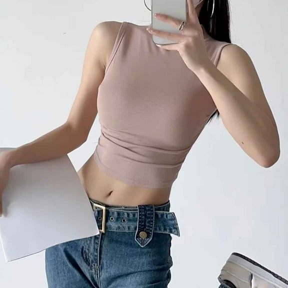 Meichang Womens Crop Tank Tops Solid Sleeveless Mock Neck Cami Vests Summer Casual Slim Fit Bottom Cotton Shirts Basic Workout Tank Tops for Women Khaki M