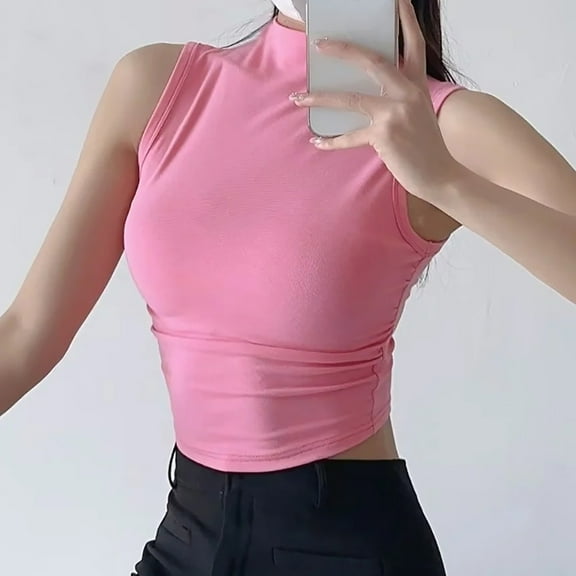 Meichang Womens Crop Tank Tops Solid Sleeveless Mock Neck Cami Vests Summer Casual Slim Fit Bottom Cotton Shirts Basic Workout Tank Tops for Women Pink S