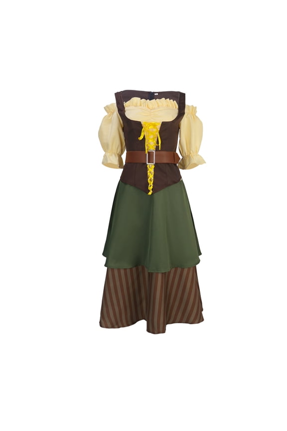 Womens Dirndl Dress Oktoberfest Puff Short Sleeve Cold Shoulder Lace Up Traditional German Costume Vintage Peasant Bavarian Dress for Halloween Carnival Party