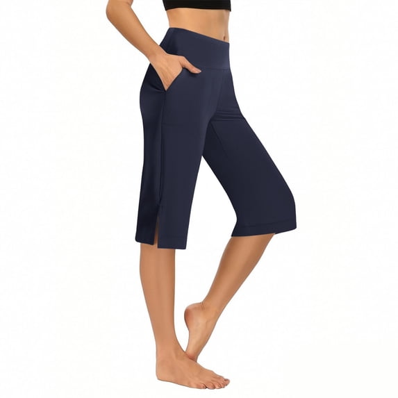 Meichang Womens Dress Capri Pants Business Casual High Waist Straight Leg Cropped Trousers Pull on Work Capris with Pockets Navy XXL