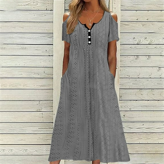 Meichang Womens Eyelet Dresses Button V Neck Cold Shoulder Short Sleeve Dresses Flowy Beach Vacation Midi Dresses Casual Work Dresses with Pockets Gray L