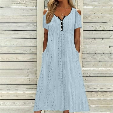 Meichang Womens Eyelet Dresses Button V Neck Cold Shoulder Short Sleeve Dresses Flowy Beach Vacation Midi Dresses Casual Work Dresses with Pockets Light Blue L