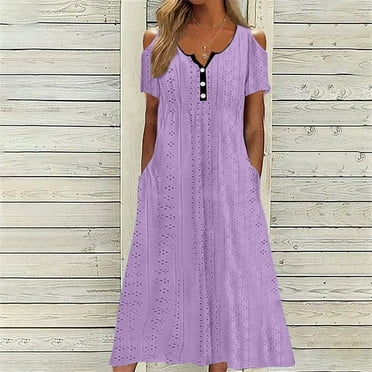 Meichang Womens Eyelet Dresses Button V Neck Cold Shoulder Short Sleeve Dresses Flowy Beach Vacation Midi Dresses Casual Work Dresses with Pockets Purple XXL