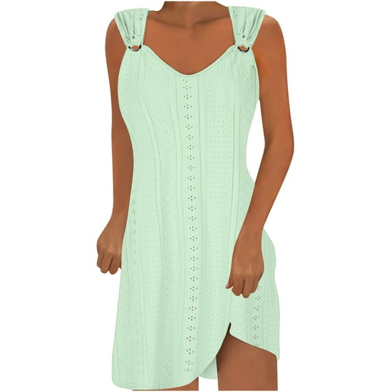 Meichang Womens Eyelet Dresses O Ring Shoulder Scoop Eyelet Dresses Solid Loose Fit Sleeveless Mini Dresses Summer Casual Work Dresses Sundresses Mint Green S