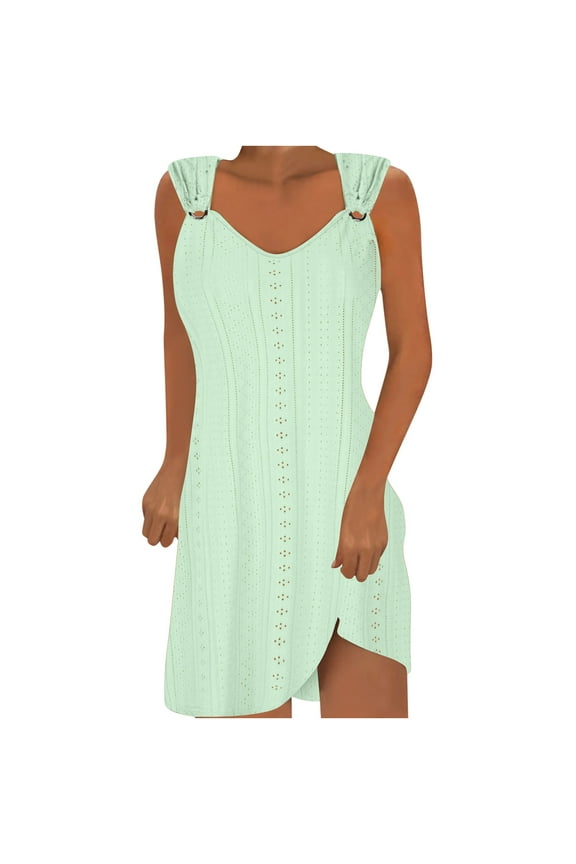 Womens Eyelet Dresses O Ring Shoulder Scoop Eyelet Dresses Solid Loose Fit Sleeveless Mini Dresses Summer Casual Work Dresses Sundresses Mint Green L