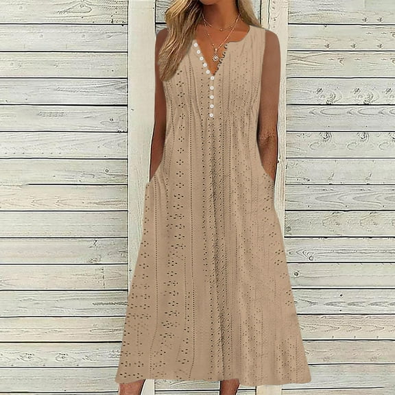 Meichang Womens Eyelet Dresses V Neck Button Sleeveless Dresses Solid Color Loose Fit Flowy Midi Dresses Summer Casual Dresses with Pockets Khaki M