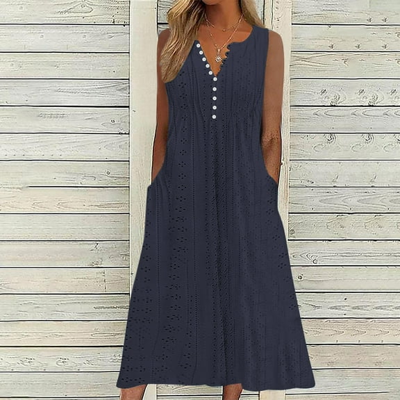 Meichang Womens Eyelet Dresses V Neck Button Sleeveless Dresses Solid Color Loose Fit Flowy Midi Dresses Summer Casual Dresses with Pockets Navy L