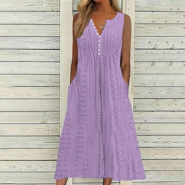 Meichang Womens Eyelet Dresses V Neck Button Sleeveless Dresses Solid Color Loose Fit Flowy Midi Dresses Summer Casual Dresses with Pockets Purple L