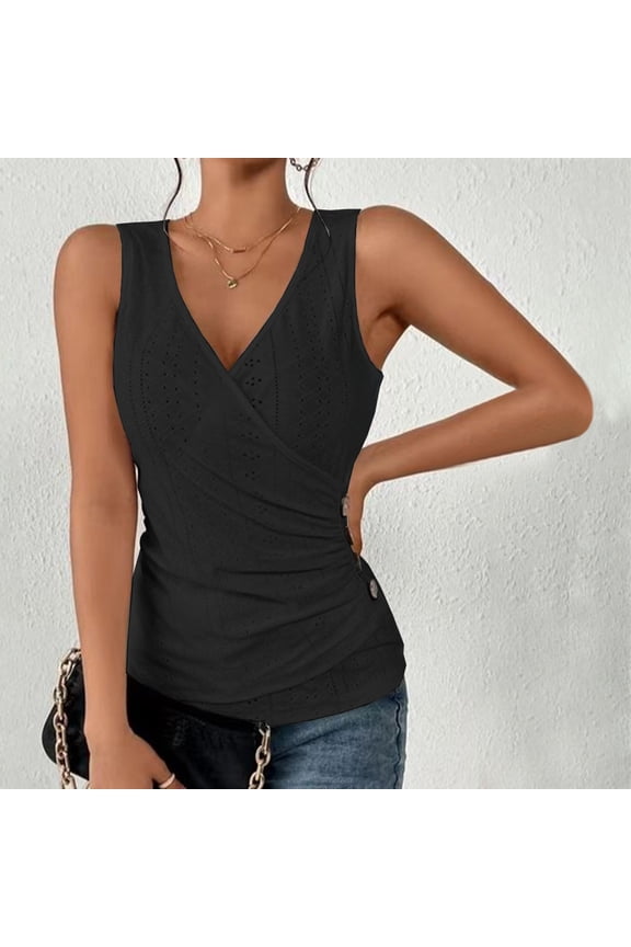 Womens Eyelet Tank Tops Deep V Neck Sleeveless Wrap Tops Fitted Ruched Shirts Solid Color Slim Fit Summer Vest Tank Tops for Work Black S