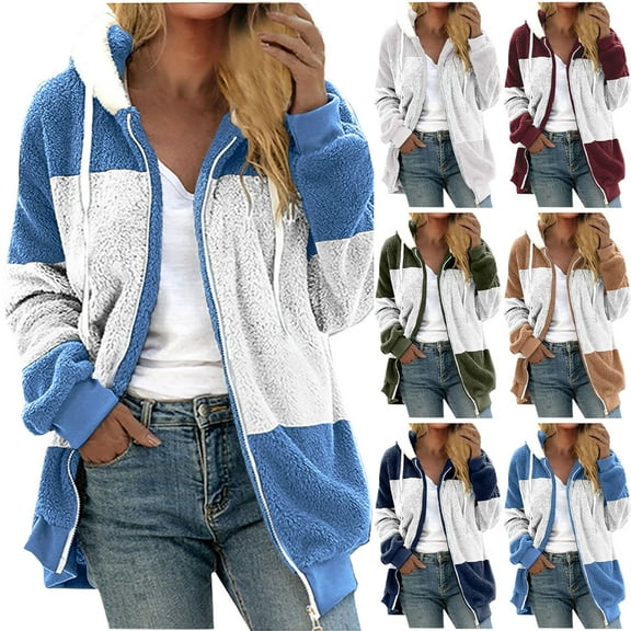 Meichang Womens Fuzzy Fleece Jackets Color Block Hooded Zip Up Jacket Long Sleeve Drawstring Winter Coats Lightweight Soft Warm Outwear