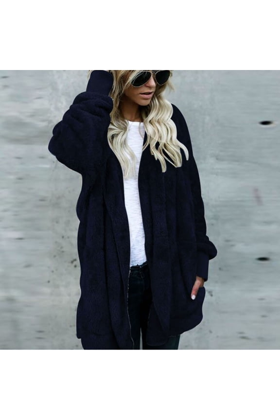 Womens Fuzzy Hooded Jacket Fleece Cardigan Oversized Open Front Solid Long Sleeved Sherpa Coat Outwear with Pockets