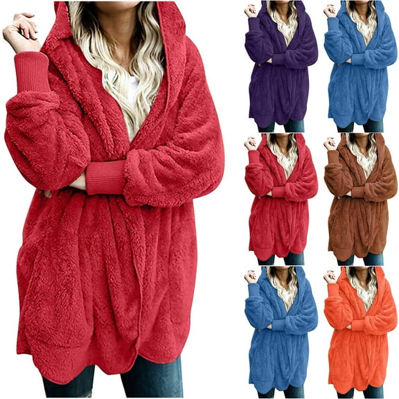 Meichang Womens Fuzzy Jacket Hooded Open Front Cardigan Long Sleeve Fleece Winter Coat Outwear with Pockets