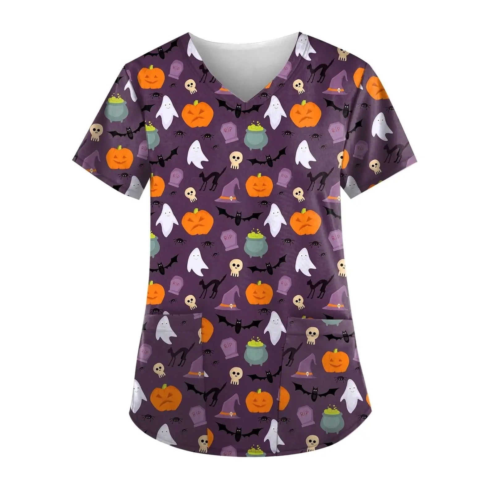 Meichang Womens Halloween Scrub Tops VNeck Short Sleeve Funny Print