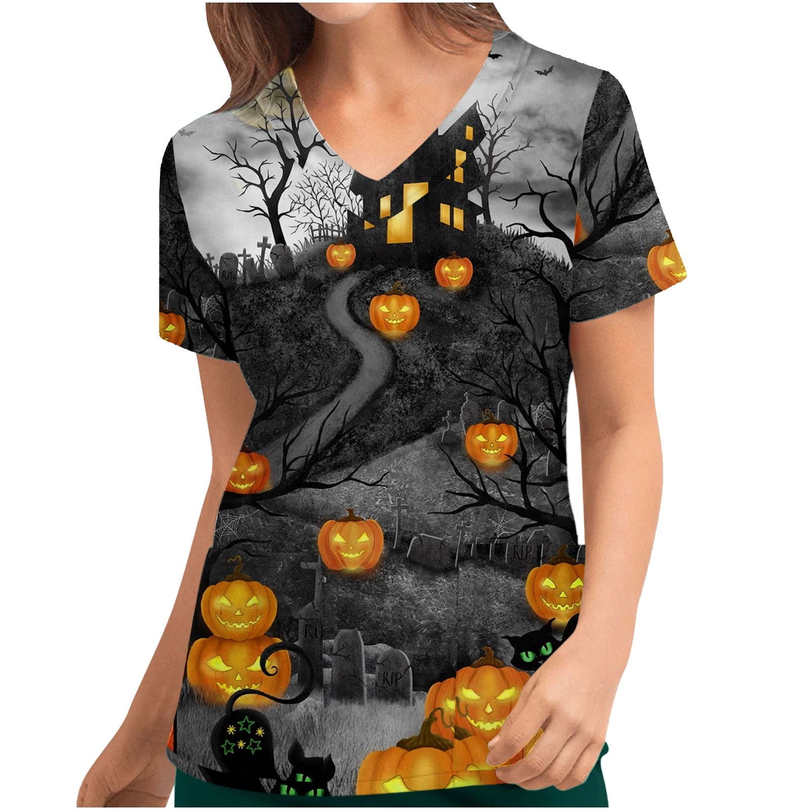 Meichang Womens Halloween Scrub Tops VNeck Short Sleeve Funny Pumpkin